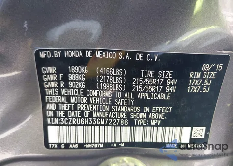 2016 Honda Hr-V Lx z USA, uszkodzony, nr VIN 3CZRU6H33GM722786